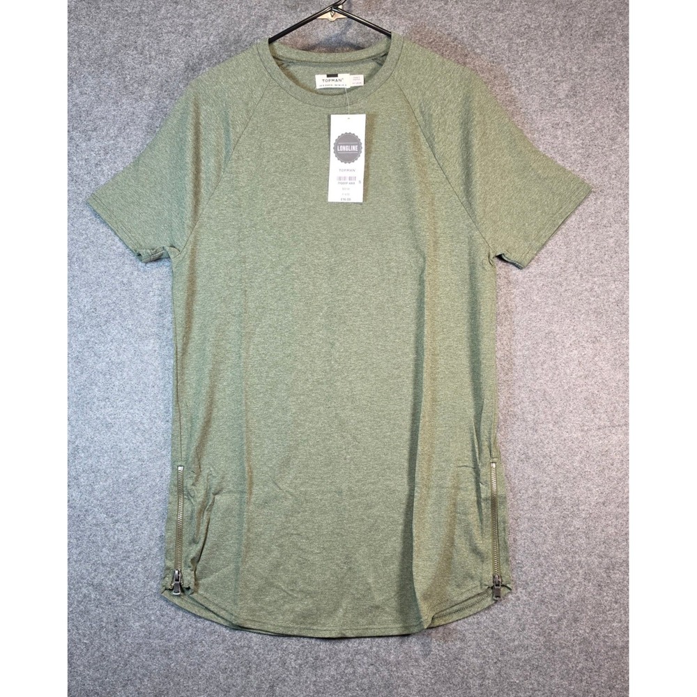 Topman Men's Longline T-Shirt Olive Green Raglan Side Zip Crew Neck S 71Q01P KHA